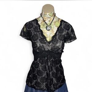 Apt. 9 Vintage Whimsygoth Black Lace V-neck Short Sleeve Blouse XL